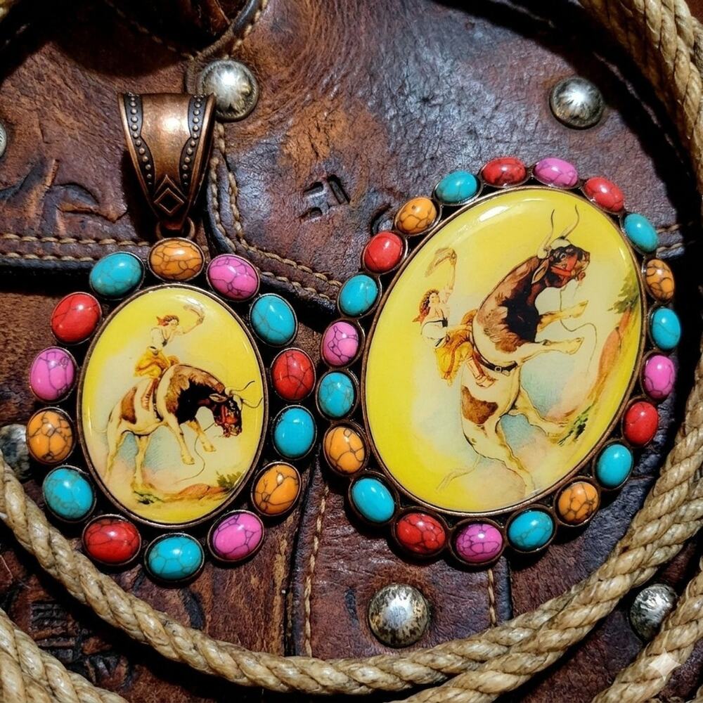 WESTERN COWGIRL PENDANT AND BUCKLE BUNDLE TURQUOISE MULTICOLORED OVAL